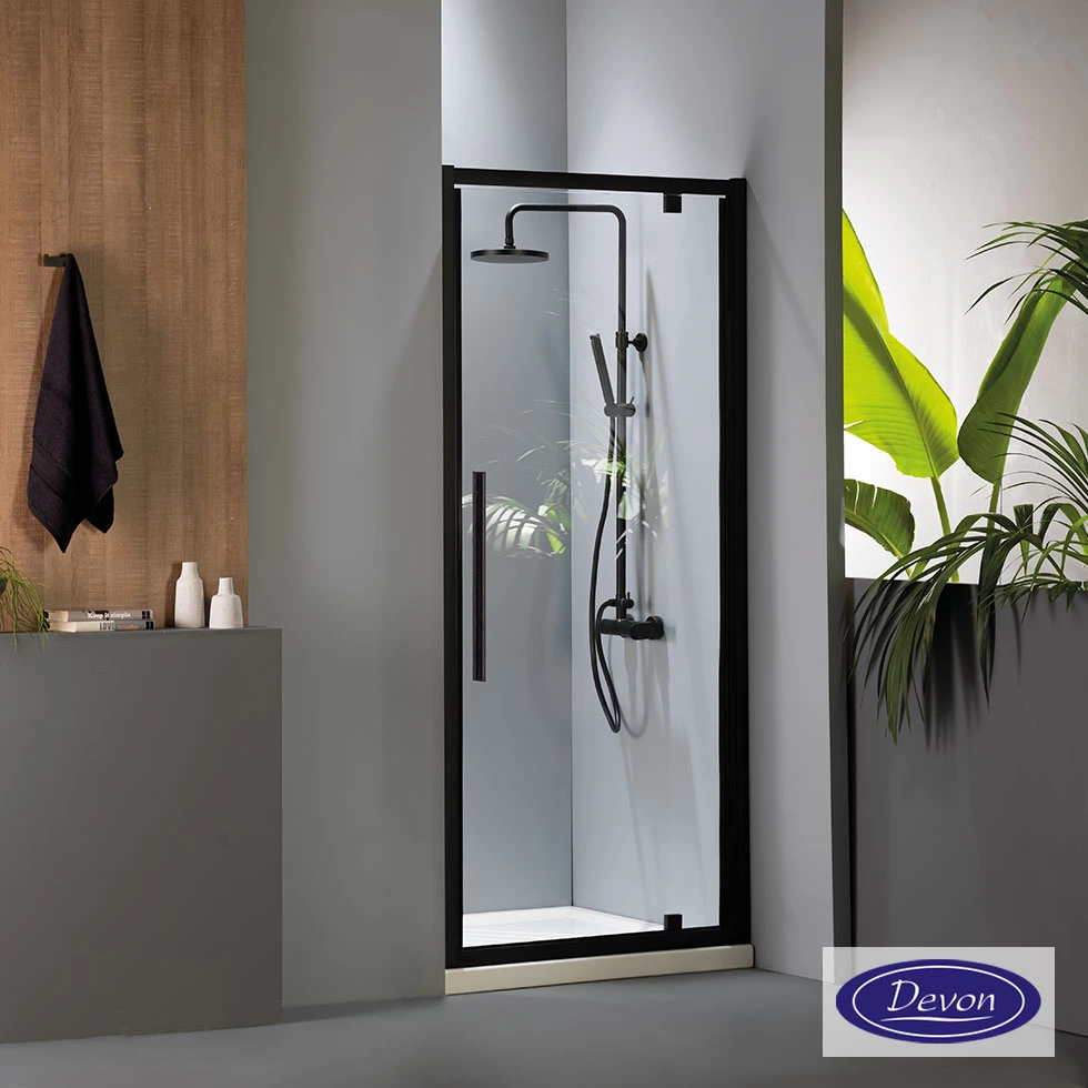 Pivot Shower Door 90, Height 195cm, Adjustable From 87 To 91cm, Devon Flow Clean Glass Black Matt