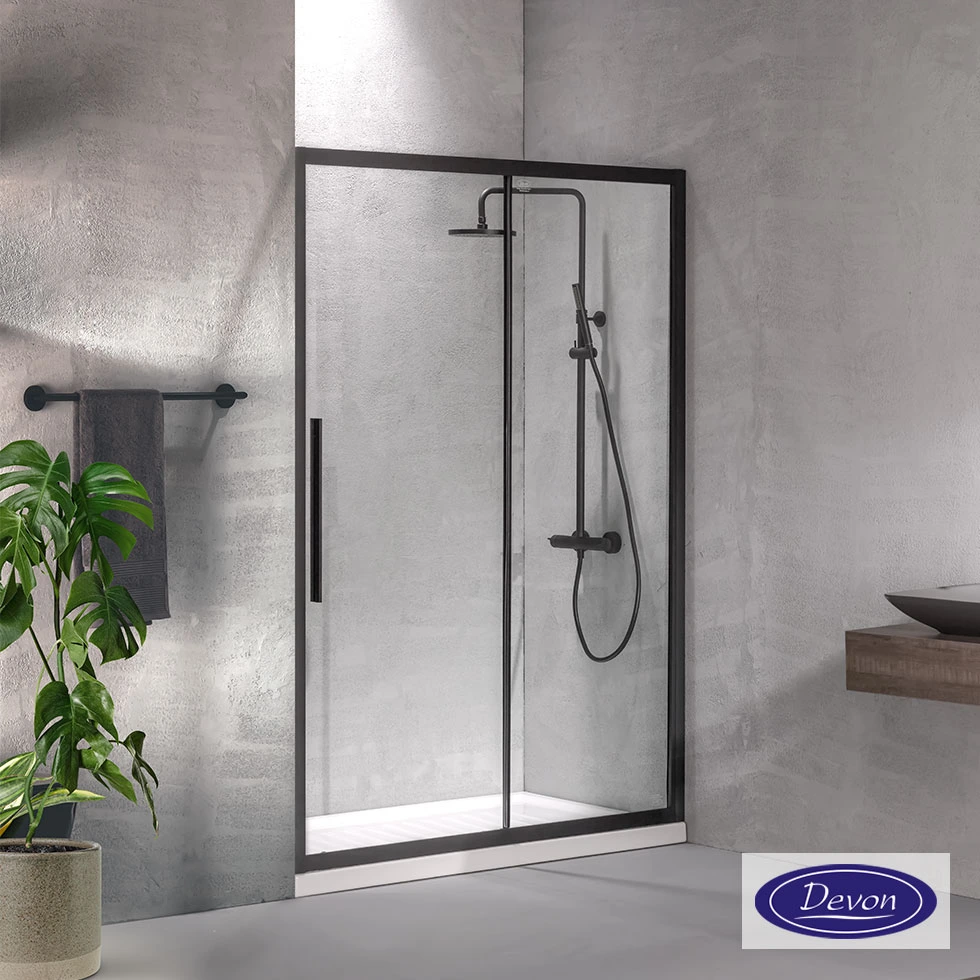 Sliding Shower Door Flow 100, Height 195cm, Adjustable From 97 To 101cm, Devon Clean Glass Black Matt